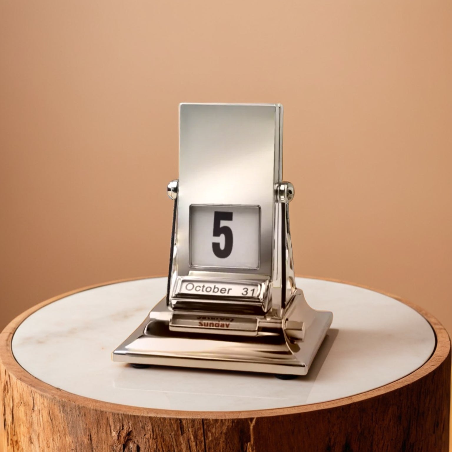 Vintage flip calendar on desk with modern home decor, adding a trendy touch to any space