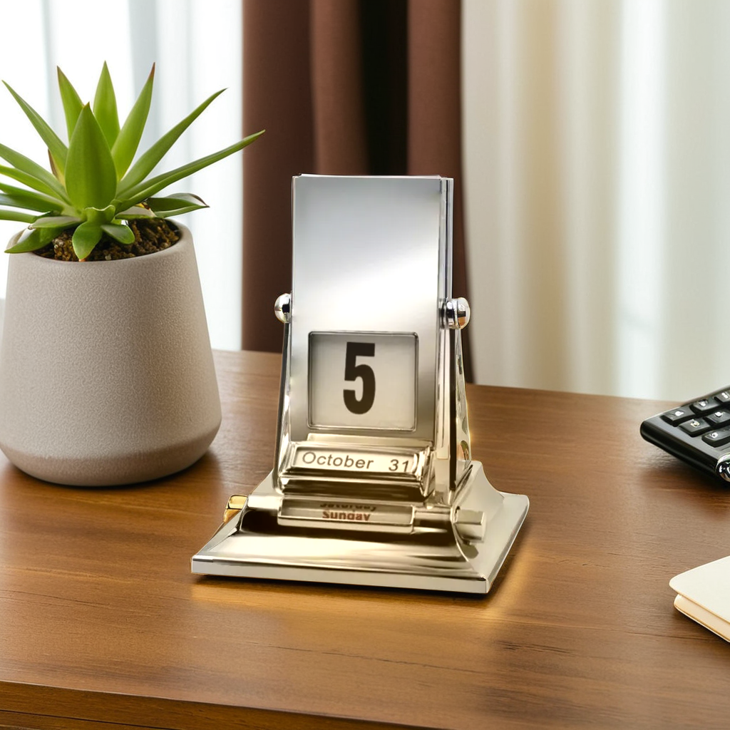 Vintage flip calendar on desk with modern home decor, adding a trendy touch to any space